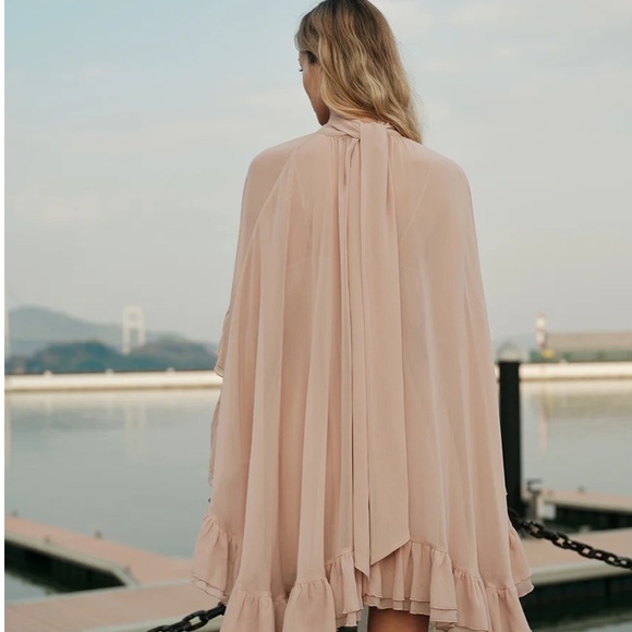 Commense NWT Pink Blush Semi-Sheer Chiffon Ruffle Dress With Outer Cape Set XS - Picture 6 of 8